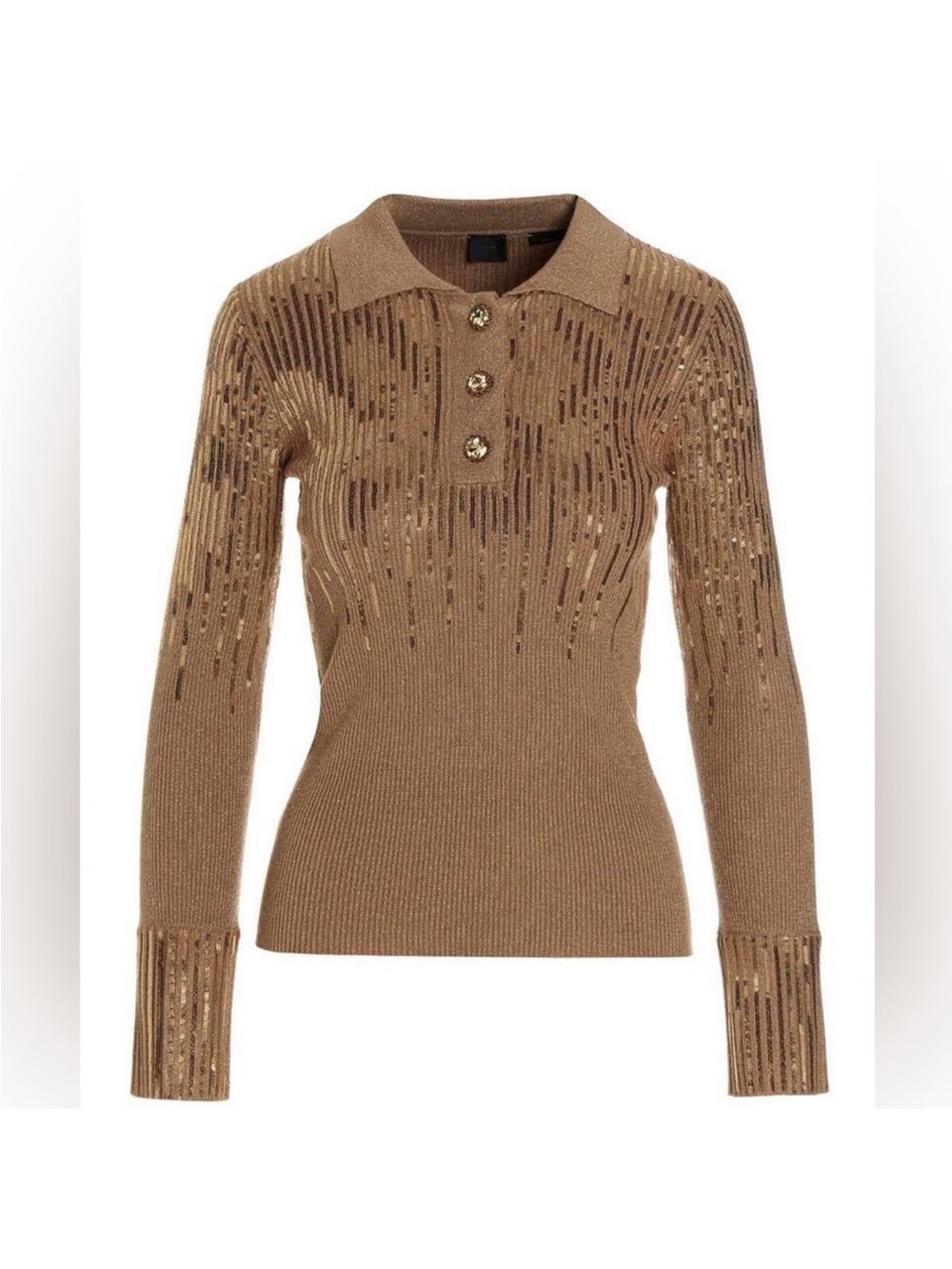 Pinko Knit Polo Long Sleeve Gold Caramel Button Down Sequin Top Sweater Size XS